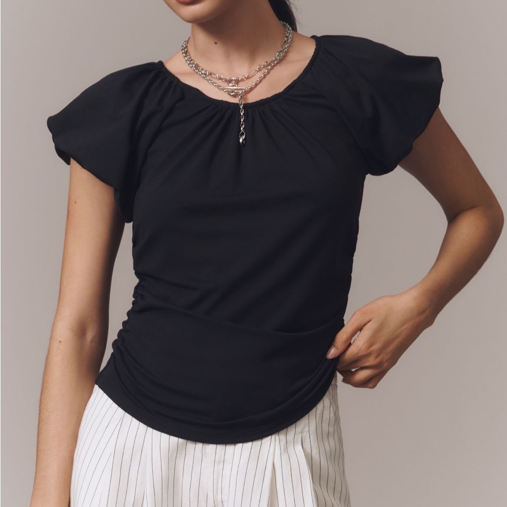 Anthropologie Black Fitted Flutter Sleeve Blouse new with tags